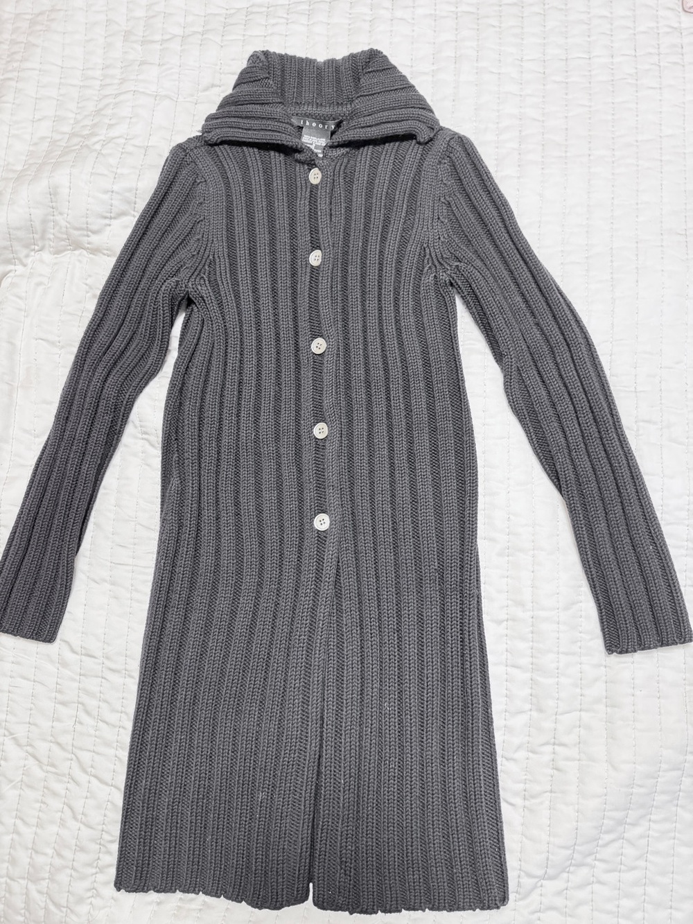 Theory Women Black 100% Wool Ribbed Long Cardigan Sweater Coat S